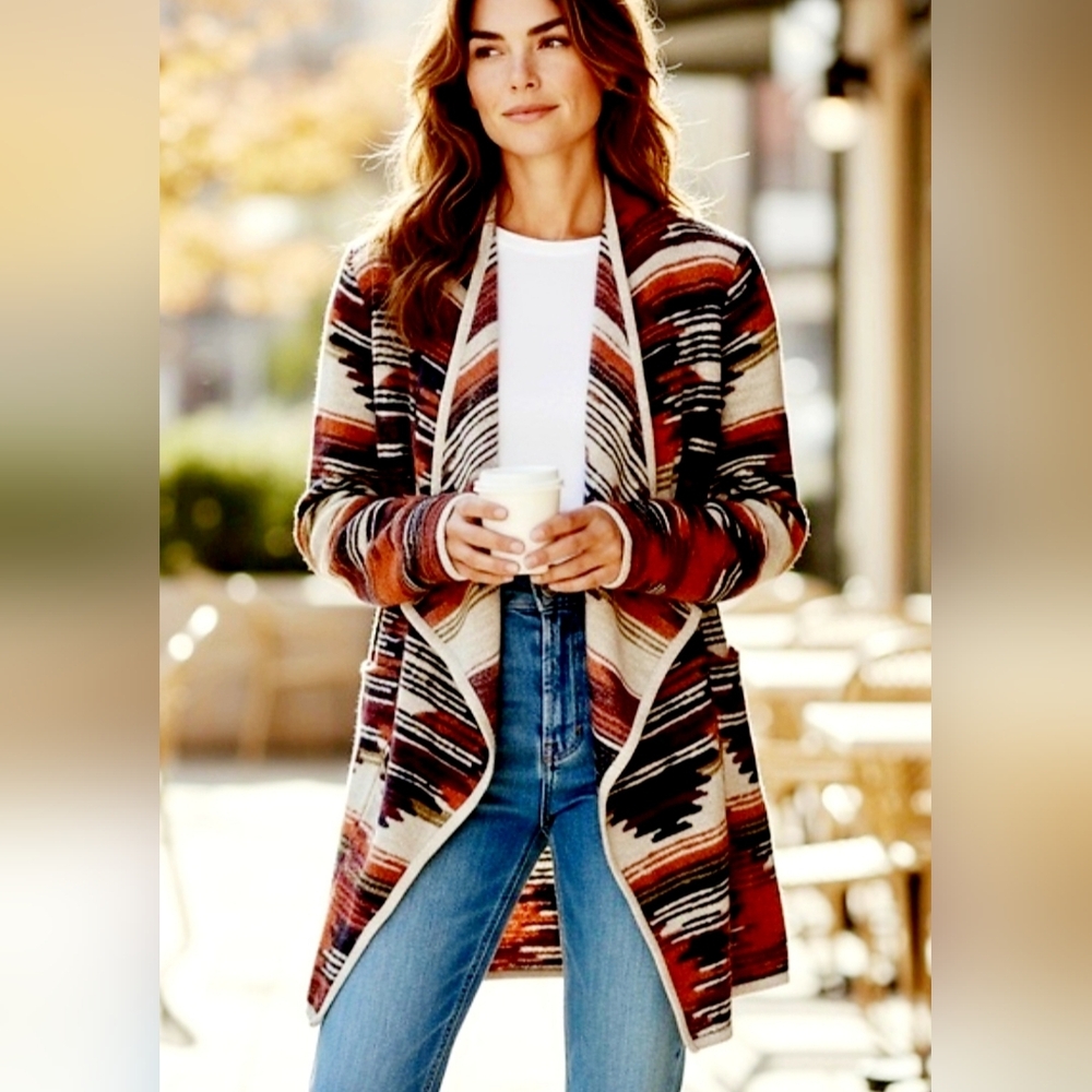 Lucky Brand Aztec Vibrant Striped Cotton Blend Drape Hi-Lo Cardigan 3X - Picture 5 of 16